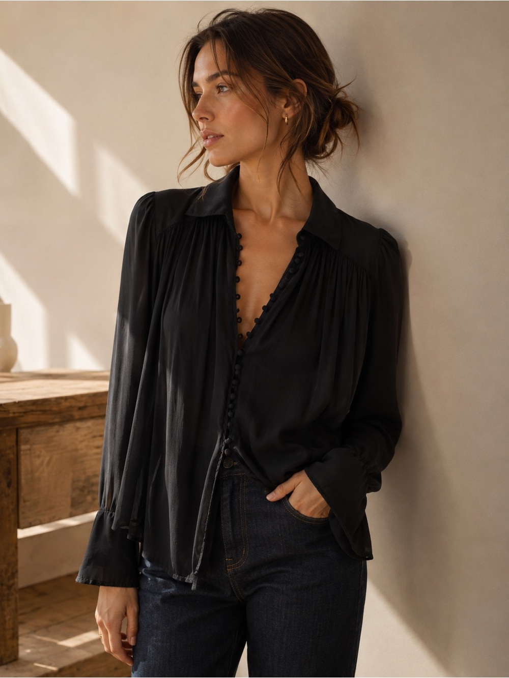 Free People Romantic Blouse Black